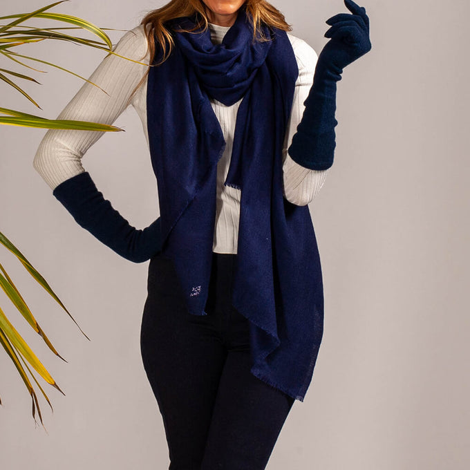 Navy Cashmere Shawl & Long Cashmere Gloves Set