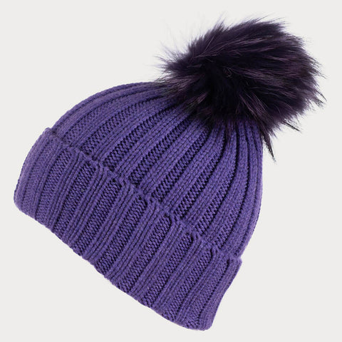 Purple Cashmere and Fur Pom Pom Beanie