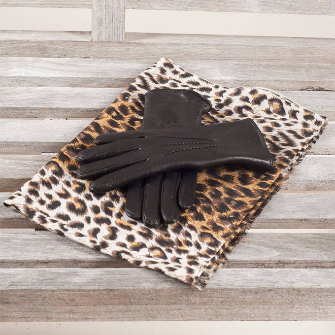 Leopard Print Cashmere and Silk Scarf & Fur Lined Leather Gloves Set