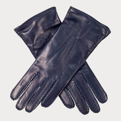 Ladies Navy Hand Stitched Cashmere Lined Leather Gloves